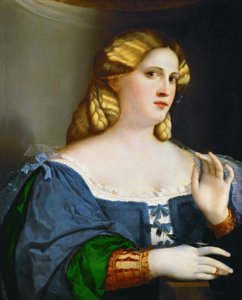 Joven mujer con vestido azul y pluma de Palma il Vecchio
